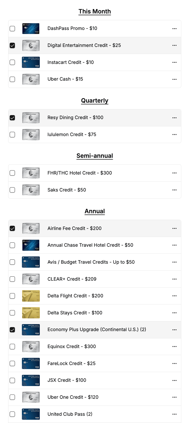Perk checklist grouped by frequency