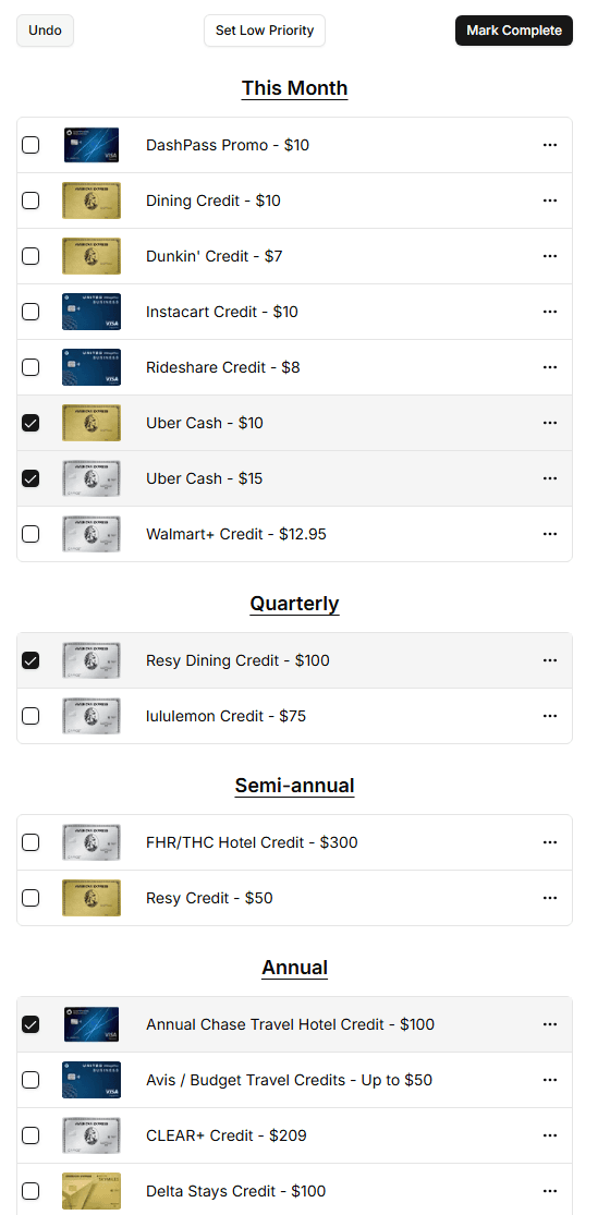 Perk checklist grouped by frequency