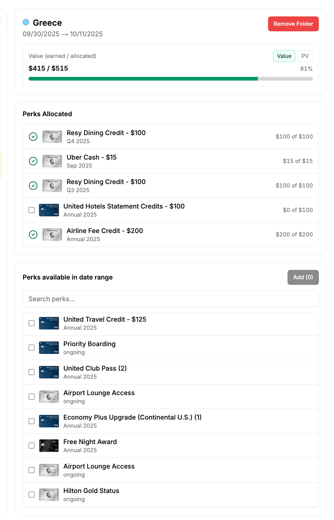 Perk planner showing available perks in a date range